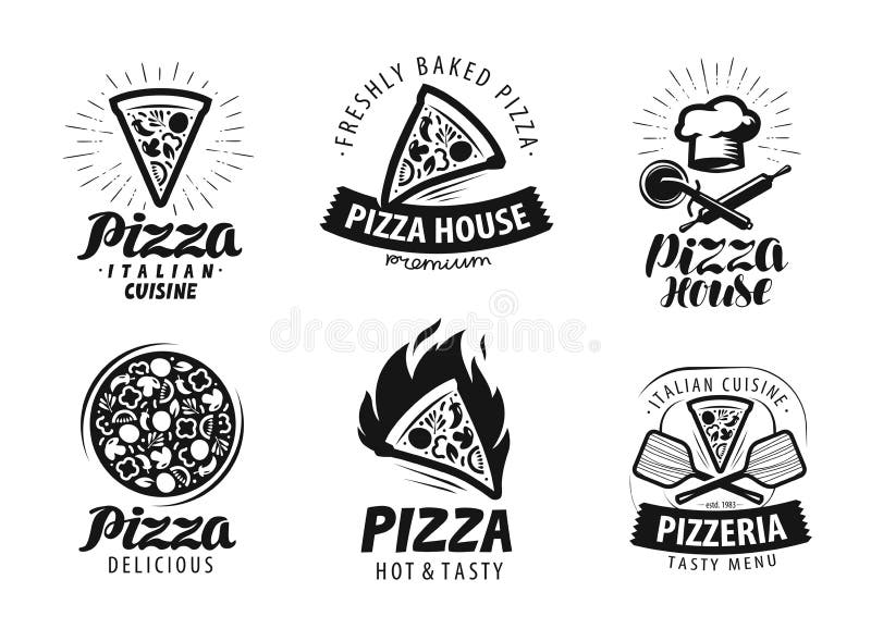 Pizza, logo della pizzeria o etichetta Insieme dell'icona dell'alimento Illustrazione di vettore illustrazione vettoriale