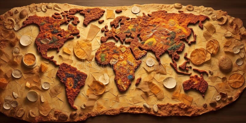 Pizza Made of Continents Map, Concept of Food Cultural Fusion, Created 