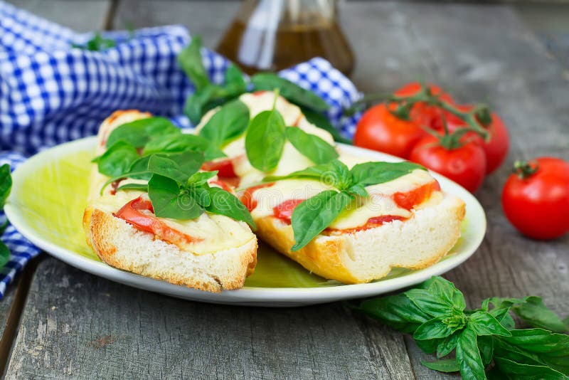 Pizza Margherita on French Baguette. Rustic Style Stock Photo Image of mozzarella, cooked