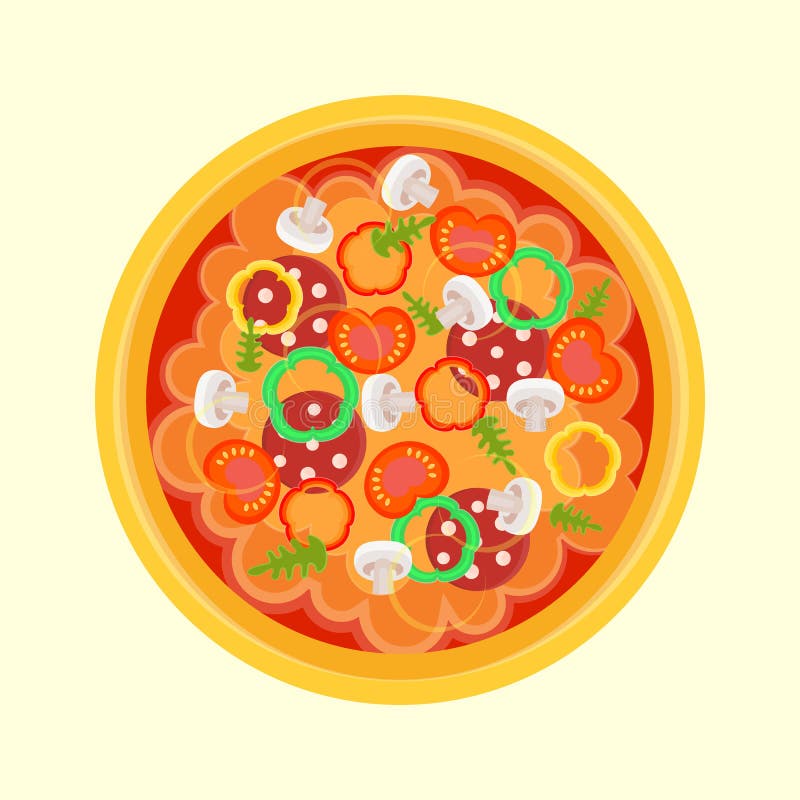 Pizza met worst, peper, paddestoelen, arugula, tomaten vector illustratie Pizza met worst, peper, paddestoelen, arugula, tomaten vector illustratie