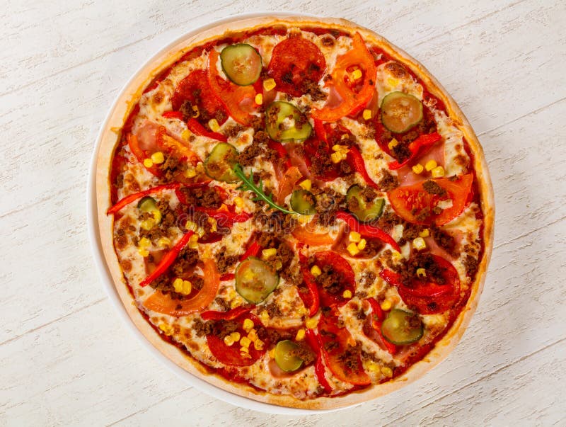 Pizza with minced meat stock photo. Image of homemade 124921300