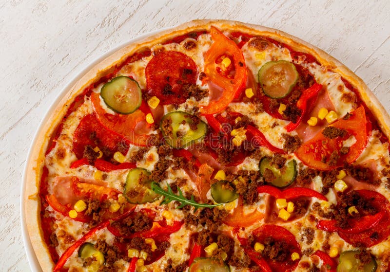 Pizza with minced meat stock photo. Image of meal, white 172932216