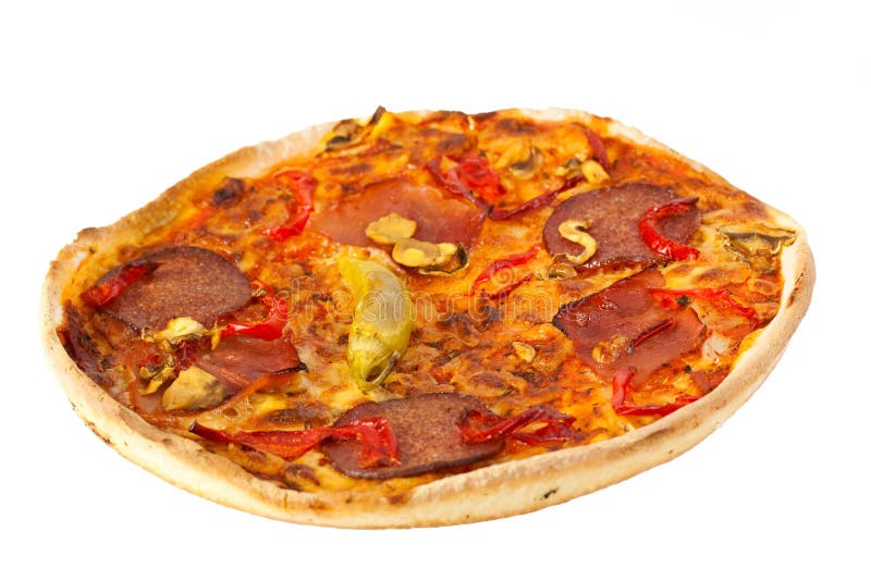 Pizza mit Käse, Tomaten und Salami lizenzfreie stockfotografie Pizza mit Käse, Tomaten und Salami lizenzfreie stockfotografie