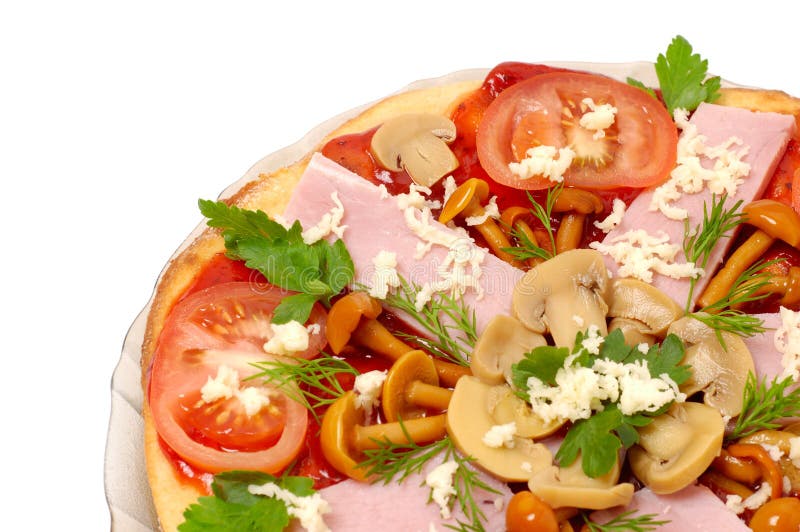 Pizza with mushrooms and ham isolated