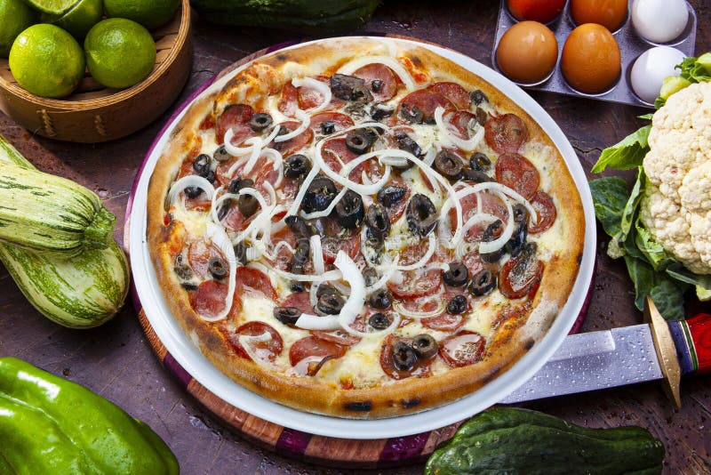 Pizza with Olives, Pepperoni Stock Image Image of gourmet, food