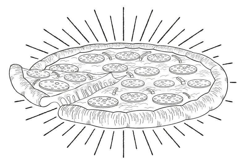 Pizza Pepperoni, Cebolla - IlustraciÃ³n/dibujo En Blanco Y Negro Stock de  ilustración - Ilustración de aislado, rebanada: 157638779