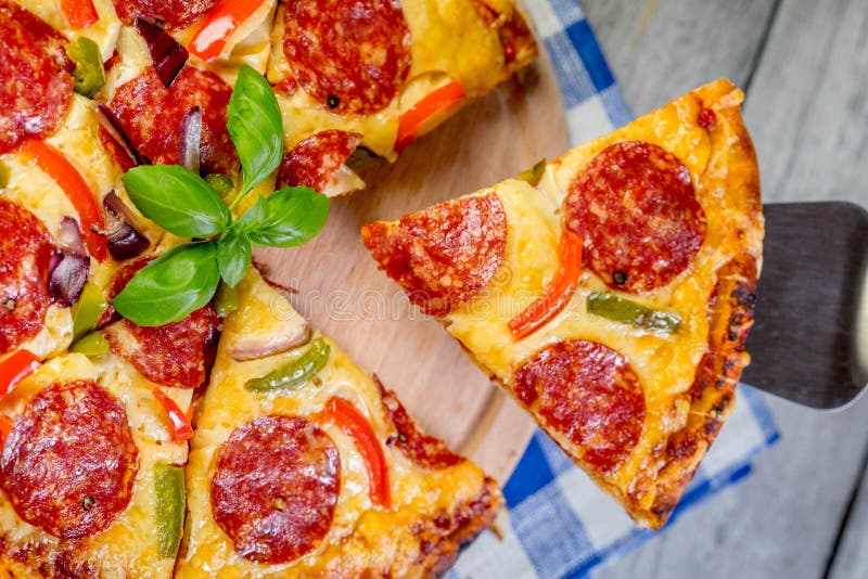 Pizza Pepperoni Cut into Pieces Stock Photo Image of pizza, meal