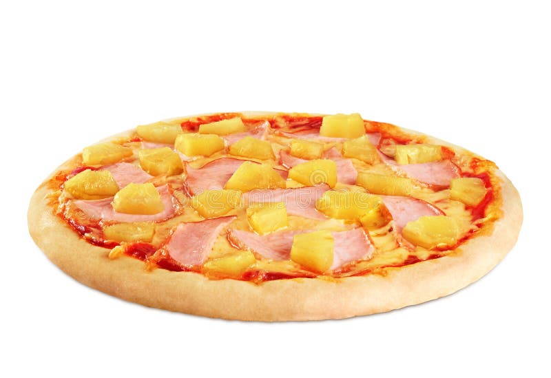 Pizza with pineapple and ham on white background.