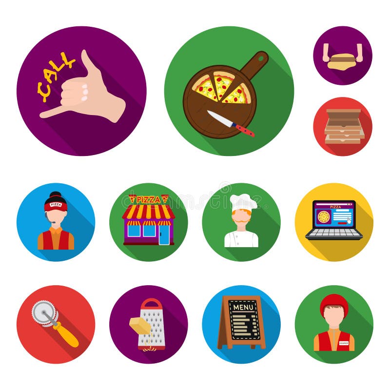 Pizza and pizzeria flat icons in set collection for design. Staff and equipment vector symbol stock web illustration. stock illustration Pizza and pizzeria flat icons in set collection for design. Staff and equipment vector symbol stock web illustration. stock illustration