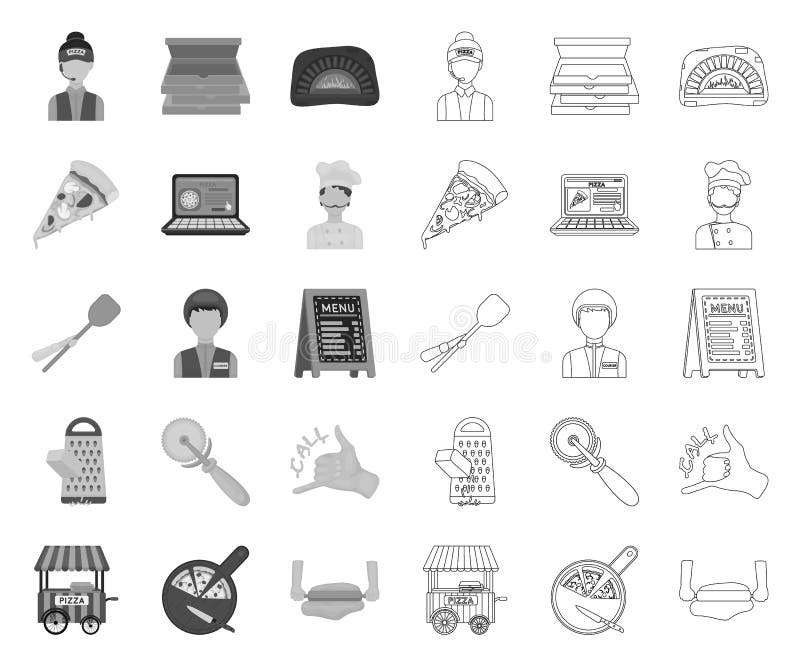 Pizza and pizzeria mono,outline icons in set collection for design. Staff and equipment vector symbol stock web royalty free illustration Pizza and pizzeria mono,outline icons in set collection for design. Staff and equipment vector symbol stock web royalty free illustration