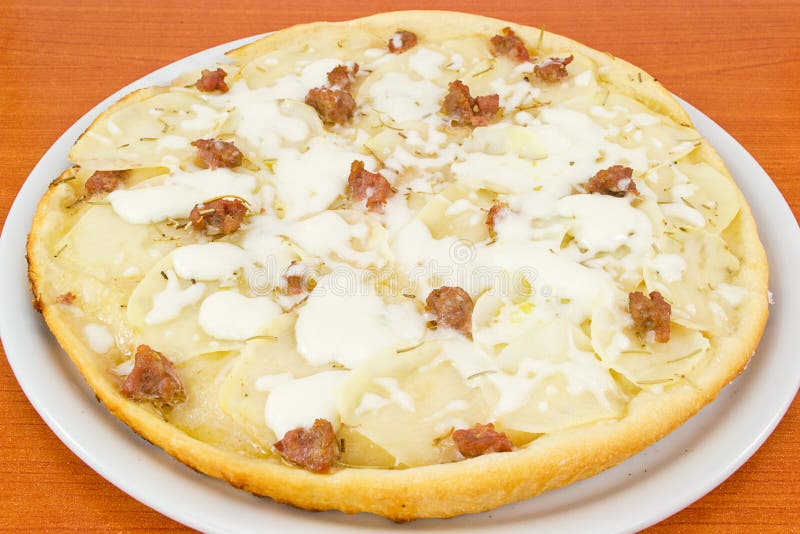 Pizza with Potatoes and Sausage in Pieces Stock Image Image of