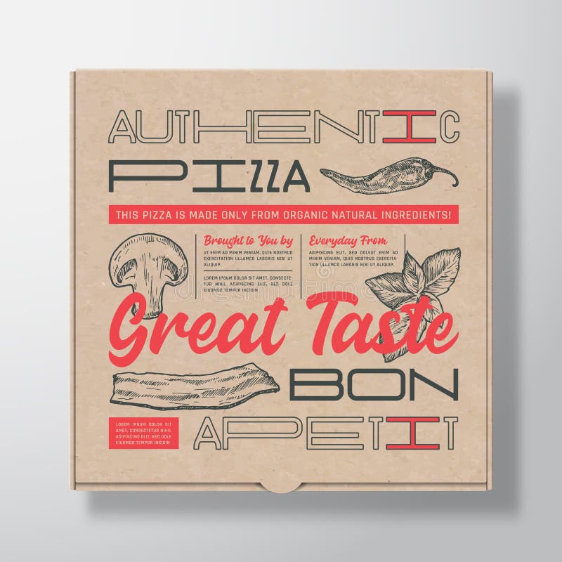 Pizza Realistic Cardboard Box Container. Abstract Vector Packaging Design or Label. Modern Typography, Hand Drawn stock illustration