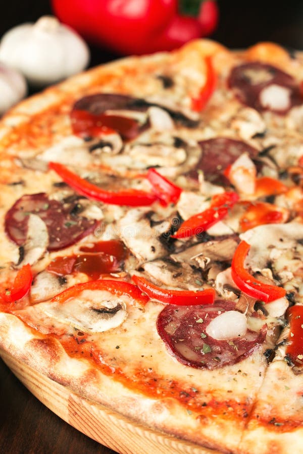 Pizza with Sausage and Vegetables Vertical Close Up Stock Photo - Image ...