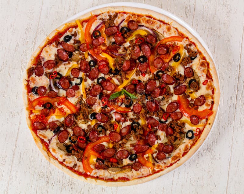 Pizza with Sausages and Minced Meat Stock Photo Image of pepperoni