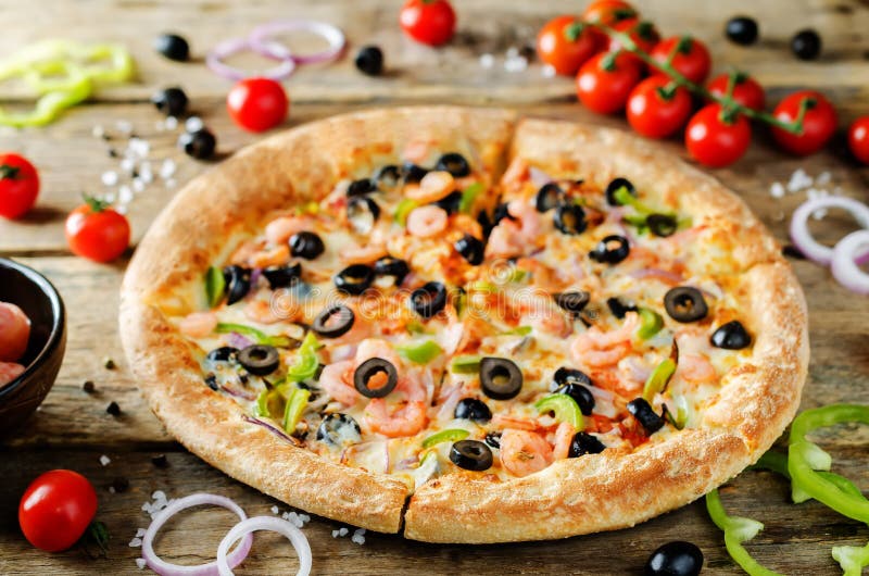 Pizza with Shrimp, Olives, Green Pepper and Onion Stock Photo - Image ...