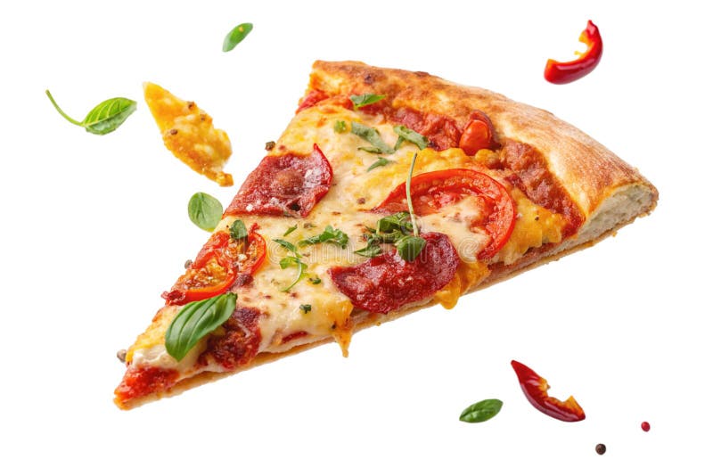 Pizza slice with bright colors floating isolated on white background, HDR image-generated by ai stock illustration