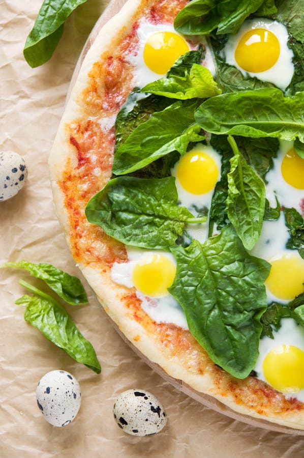 Pizza with Spinach and Eggs Stock Image Image of mozzarella