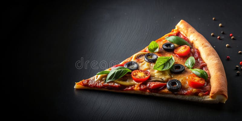 Pizza-Stück auf schwarzem Hintergrund kopiert Raum generativ ai stock abbildung