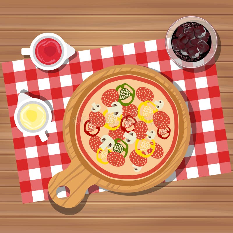 Pizza on table with bottles of ketchup and mayonnaise served with glass of juice with ice. Served dinner on table, top view