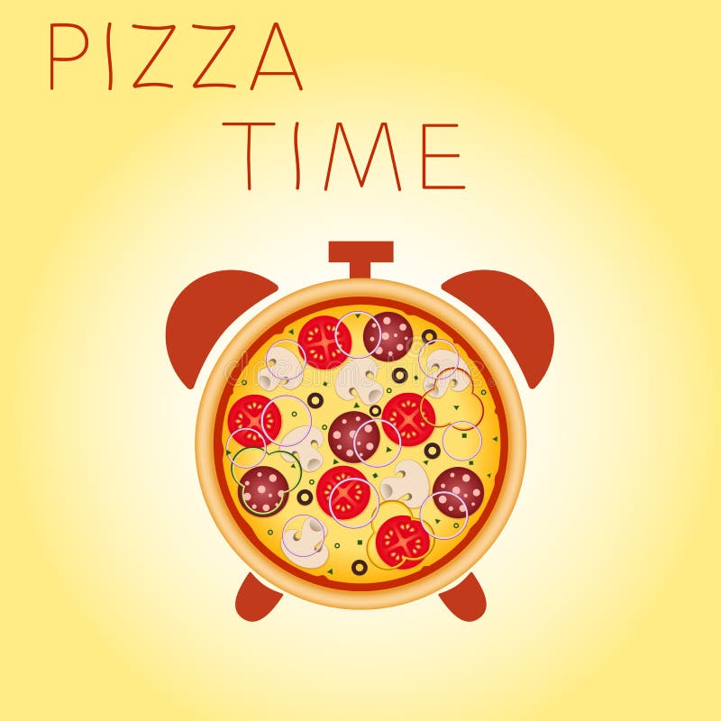 Pizza And Alarm Clock Hand Drawn Illustration On Red Background. The