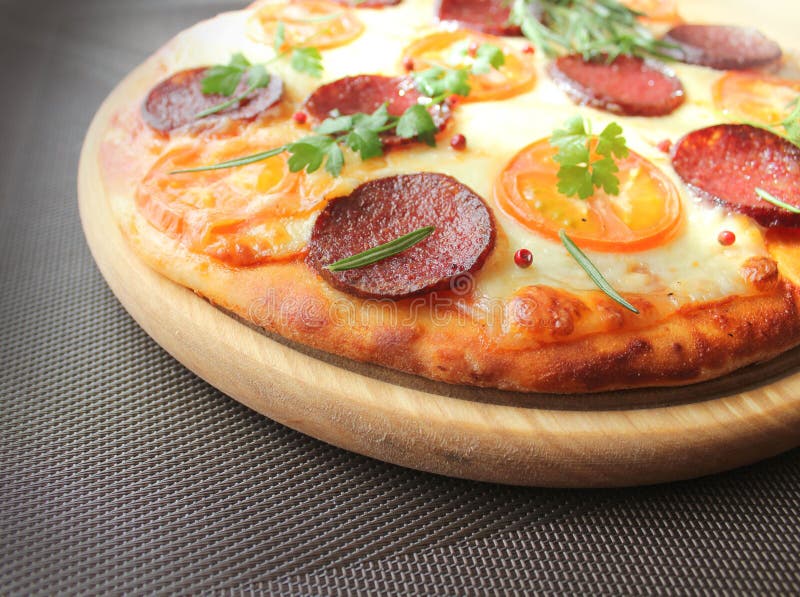 Pizza with Tomato, Salami and Herbs Stock Image Image of italian
