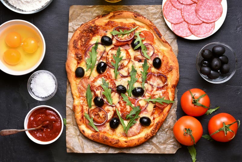 Pizza with Tomato, Salami and Olives Stock Image Image of natural