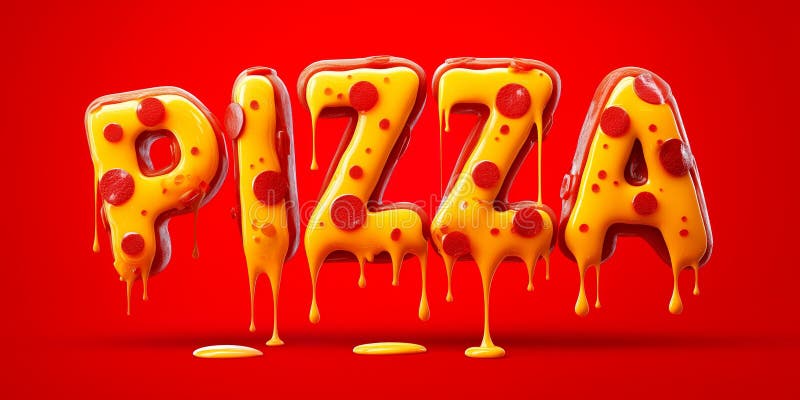 Pizza Typography with Melting Cheese and Pepperoni 3D Creative Design stock illustration