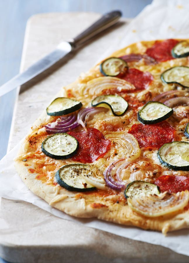 Pizza with Vegetables and Salami Stock Image Image of rustic, onion