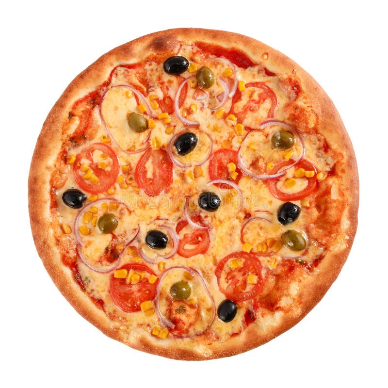 Pizza Vegetarian with tomatoes, corn, onion, green and black olives isolated on white, top view