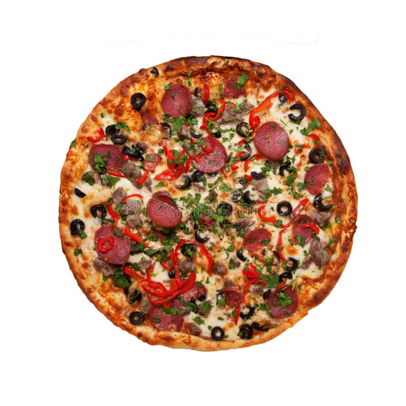 Pizza z baleronem, kiełbasą, mięsem, pieprzem i oliwkami jako karmowy backgro