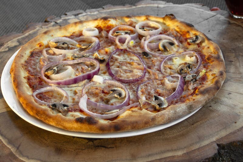 Pizza z kwaśną śmietanką, bekon, pieczarki, czerwona cebula, czerwień piec oliwę z oliwek i oregano pieprzowego, żółtego, zdjęcia royalty free Pizza z kwaśną śmietanką, bekon, pieczarki, czerwona cebula, czerwień piec oliwę z oliwek i oregano pieprzowego, żółtego, zdjęcia royalty free