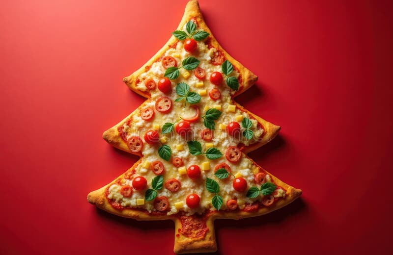 Pizza în formă de pom festiv de Crăciun, curățată cu legume. fundalul roșu face ca pizza să iasă în evidență. artă alimentară crea royalty free illustration