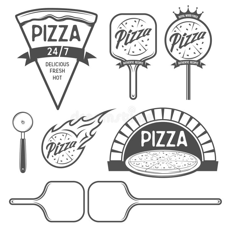 Pizzaetiketter, emblem och designbeståndsdelar tappning för stil för illustrationlilja röd vektor illustrationer Pizzaetiketter, emblem och designbeståndsdelar tappning för stil för illustrationlilja röd vektor illustrationer
