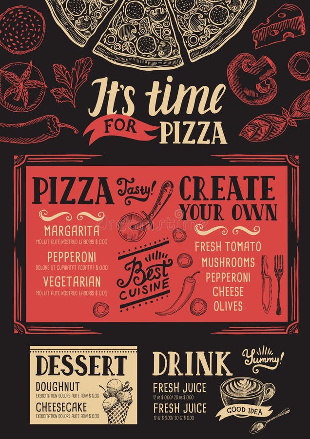 Pizza food menu for restaurant and cafe. Design template with hand-drawn graphic elements in doodle style. Pizza food menu for restaurant and cafe. Design template with hand-drawn graphic elements in doodle style.