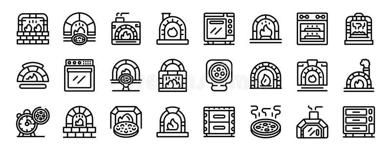 Pizza oven icons set outline vector. Stone process maker. Furnace food. Pizza oven icons set outline vector. Stone process maker. Furnace food