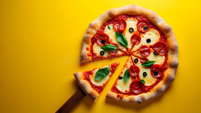 Pizzeria italiana impostata su uno sfondo giallo vibrante con spazio di copia composto in orizzontale illustrazione vettoriale