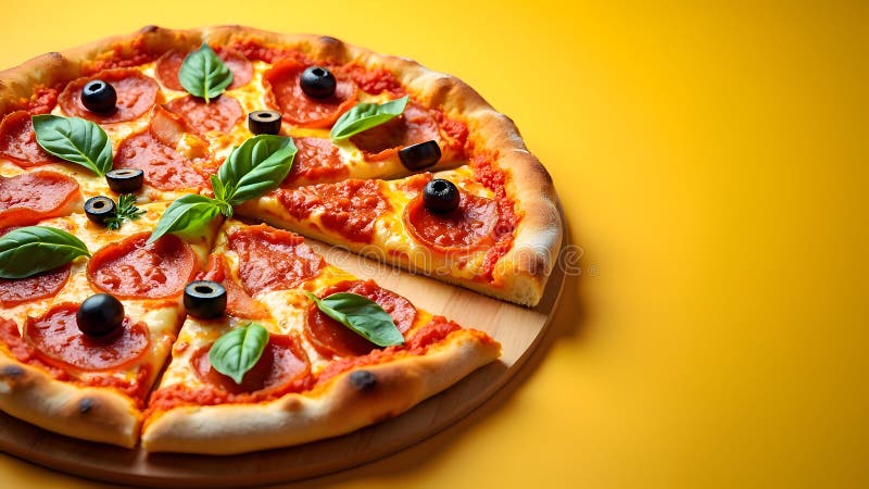 Pizzeria italiana impostata su uno sfondo giallo vibrante con spazio di copia composto in orizzontale illustrazione di stock