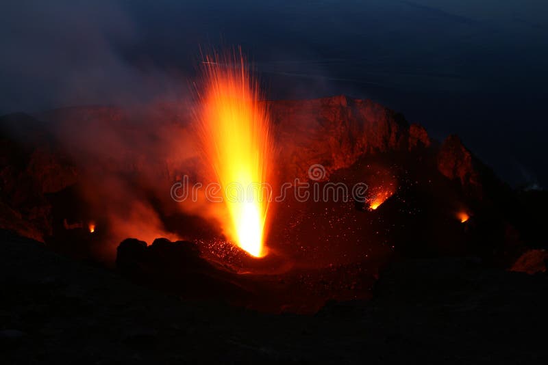 Picture of volcano stromboli with its typical eruptions. Viwe from Pizzo into the crater area. Picture of volcano stromboli with its typical eruptions. Viwe from Pizzo into the crater area