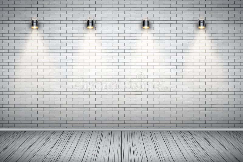 Pièce blanche de mur de briques avec des projecteurs de vintage illustration libre de droits Pièce blanche de mur de briques avec des projecteurs de vintage illustration libre de droits