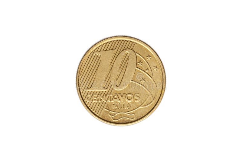 Brazilian `10 centavos de Real` 2019 coin on white background - high magnification. Brazilian `10 centavos de Real` 2019 coin on white background - high magnification
