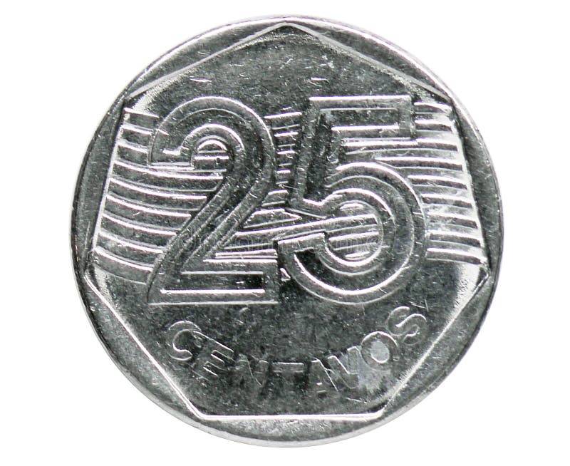 25 Centavos coin, 1994~Today - Real serie, Bank of Brazil. Obverse, issued on 1994. Isolated on white. 25 Centavos coin, 1994~Today - Real serie, Bank of Brazil. Obverse, issued on 1994. Isolated on white