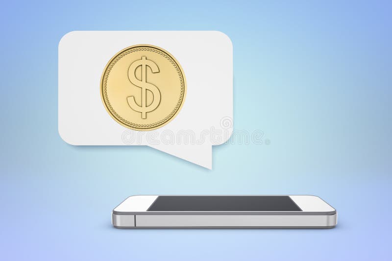 Depiction of a golden dollar coin in a speech bubble reflecting finance, mobile banking, or online transactions concepts via smartphone. Depiction of a golden dollar coin in a speech bubble reflecting finance, mobile banking, or online transactions concepts via smartphone