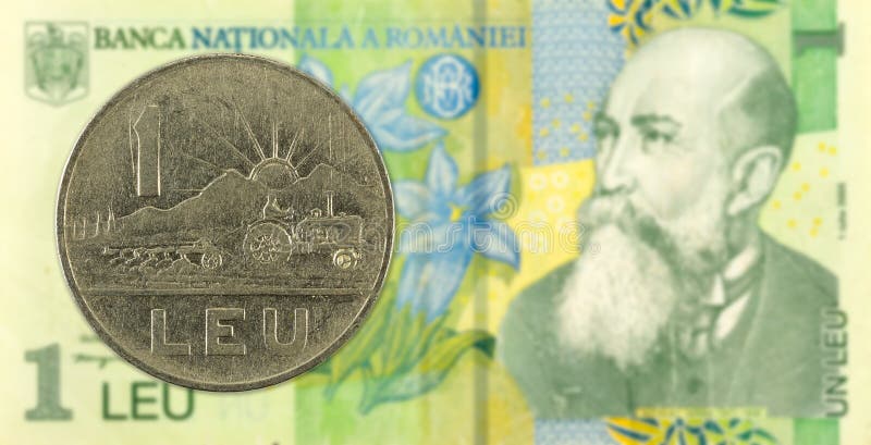 1 pièce de monnaie de lev contre 1 face roumaine de billet de banque de leu image libre de droits 1 pièce de monnaie de lev contre 1 face roumaine de billet de banque de leu image libre de droits