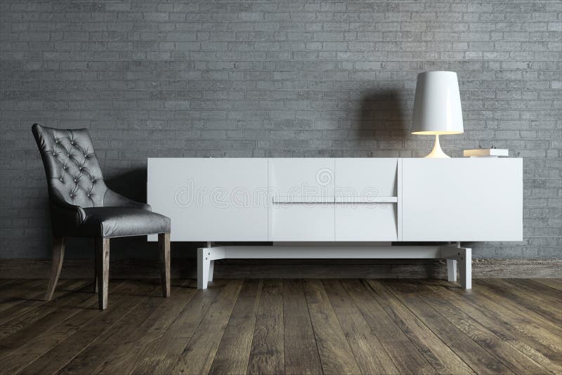 Pièce intérieure moderne avec la lampe blanche de meubles et de table photo stock