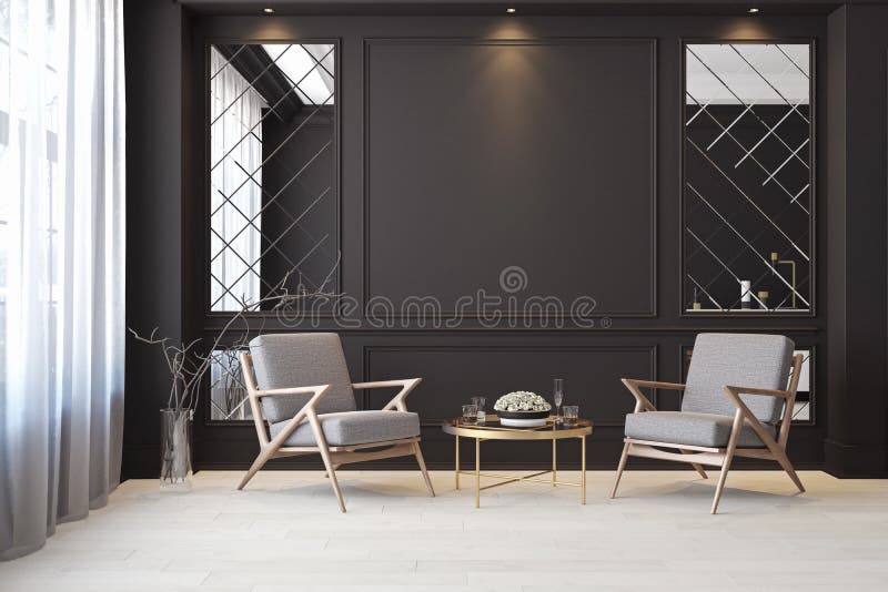 Pièce vide intérieure moderne noire classique avec des fauteuils de salon