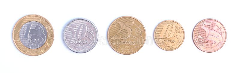 Brazilian coins on a white background. Brazilian coins on a white background