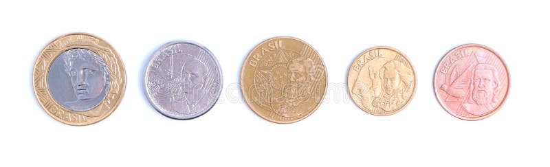 Brazilian coins on a white background. Brazilian coins on a white background