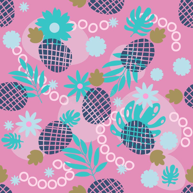 Piña linda y modelo inconsútil de las hojas tropicales Fondo al azar de la fruta colorida festiva del verano ilustración del vector Piña linda y modelo inconsútil de las hojas tropicales Fondo al azar de la fruta colorida festiva del verano ilustración del vector