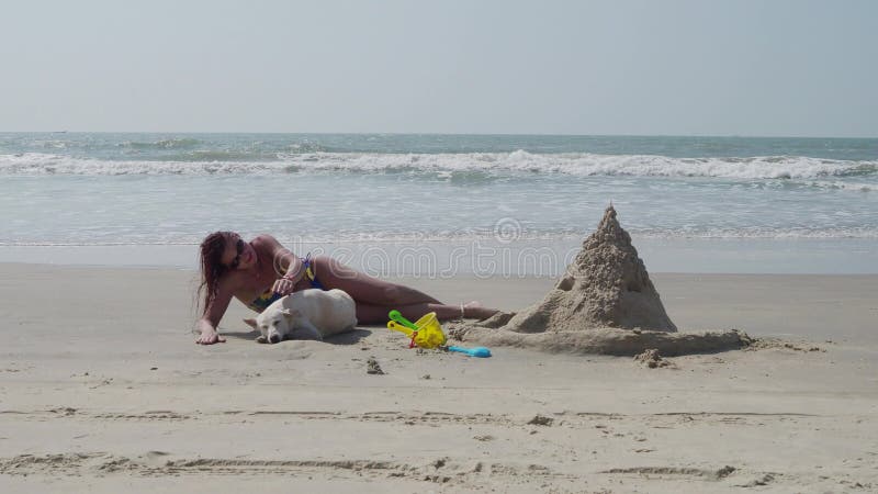 Piękna dziewczyna muska białego psa na plaży w swimsuit 4K