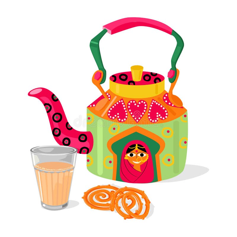 Piękna indyjska czajnika i masala Chai herbata Tradycyjny cukierki jalebi również zwrócić corel ilustracji wektora